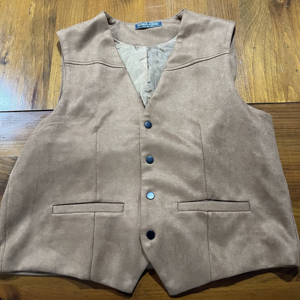 Pj Paul Jones Mens Brown Faux Suede Button-Up‎ Blazer Vest With Pockets Size LG